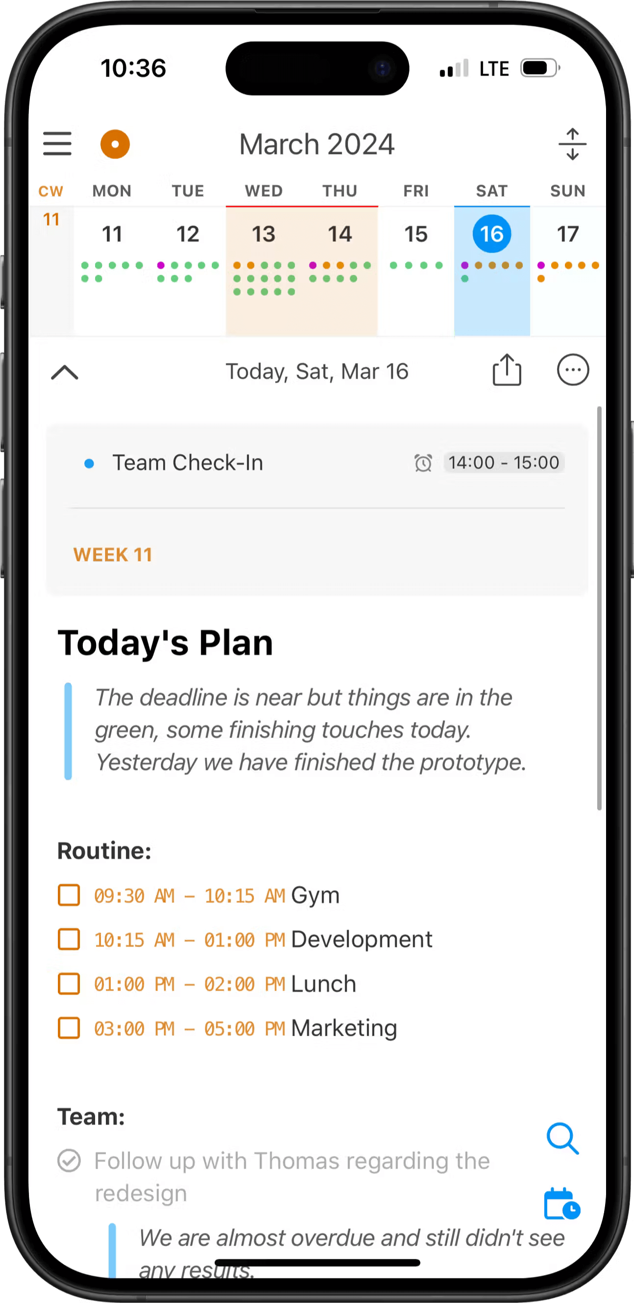 Noteplan's dashboard on iPhone