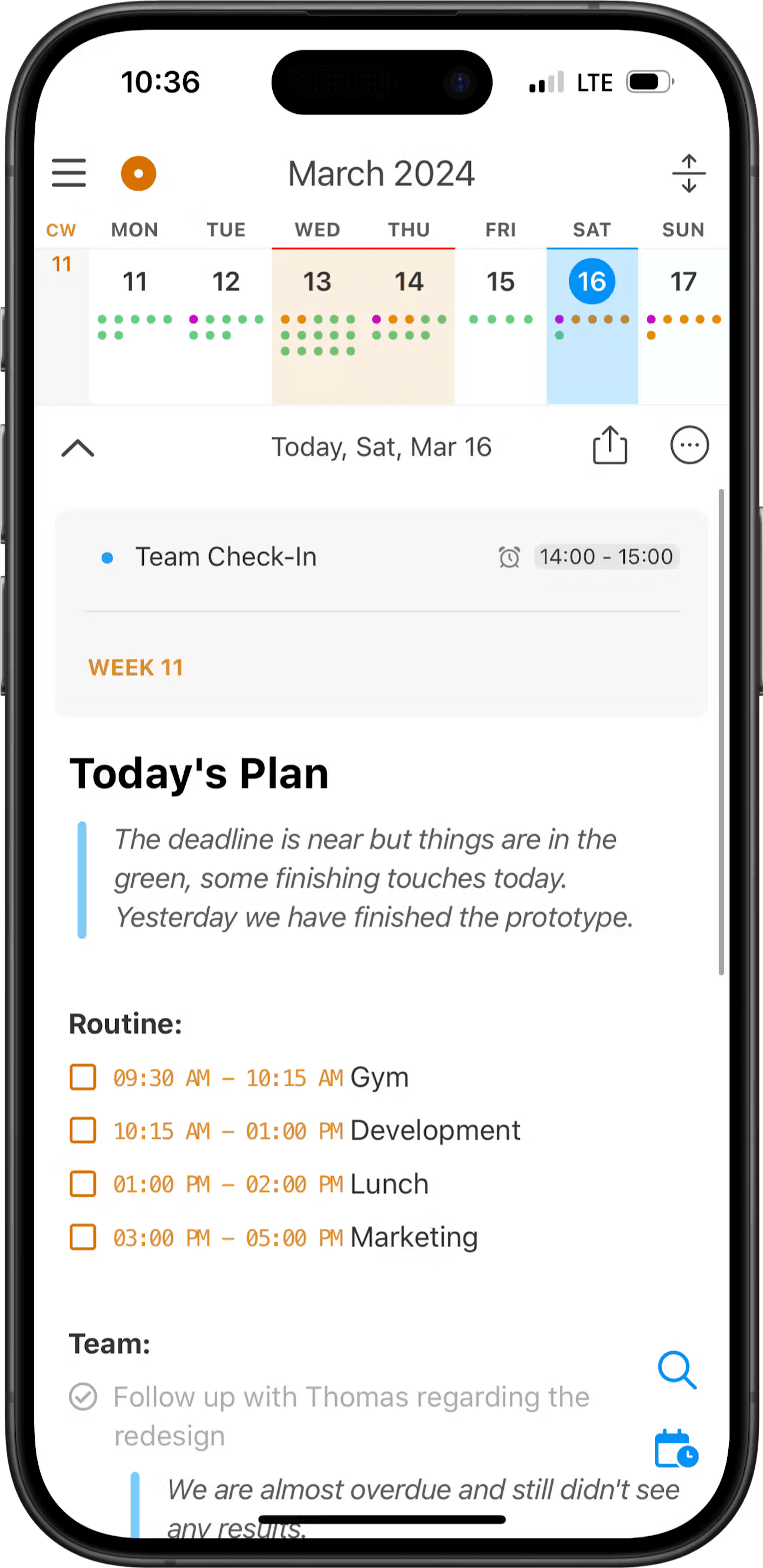 Noteplan's dashboard on iPhone